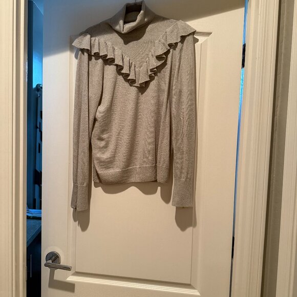 JCrew | Tippi Ruffle Turtleneck Sweater | Light Grey | Size: L - Picture 1 of 10
